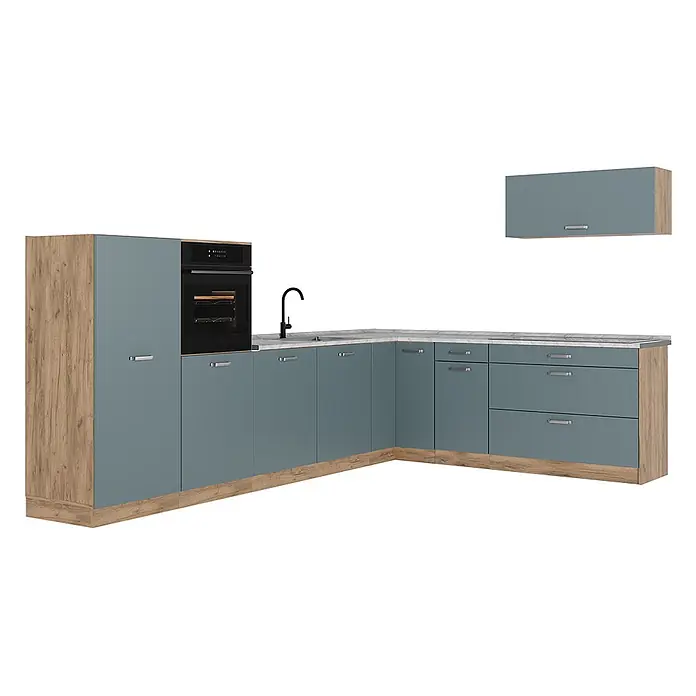 Eckküche R-Line 327 cm Blau-Grau Art.-Nr. 67567 -  - Eckküchenkombination mit blaugrauen Türen, Holzrahmen, Einbaubackofen, Spüle und Hängeschrank.
