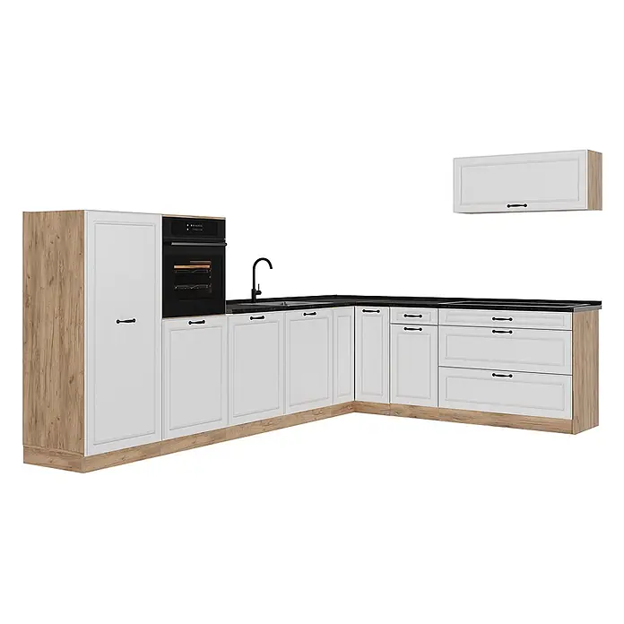Eckküche R-Line 327 cm Weiß Landhaus Art.-Nr. 68241 -  - L-förmige Küchenzeile mit weißen Fronten, Holz-Akzenten und schwarzer Arbeitsplatte, inklusive Ofen und Spüle.