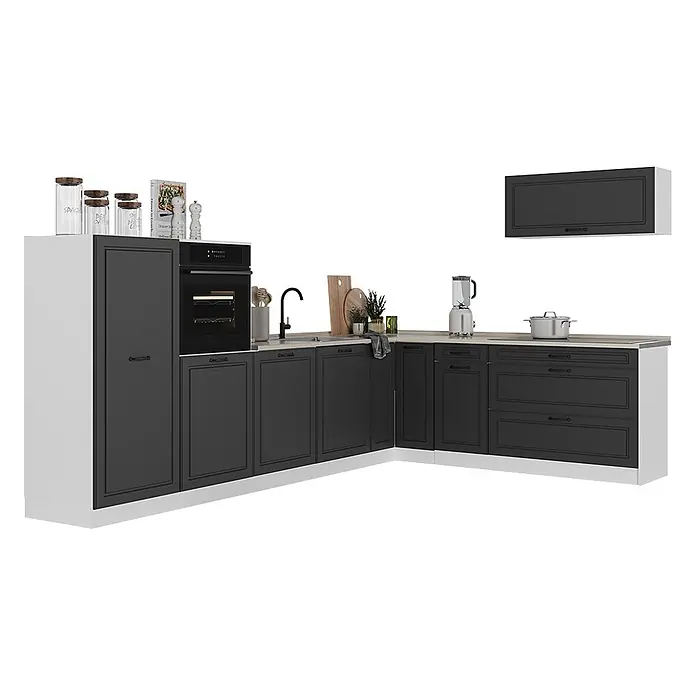 Eckküche R-Line 327 cm Anthrazit Landhaus Art.-Nr. 68249 -  - Dunkelgraue L-förmige Küchenschrankkombination mit weißen Seiten und heller Arbeitsplatte, inklusive Ofen und Spüle.
