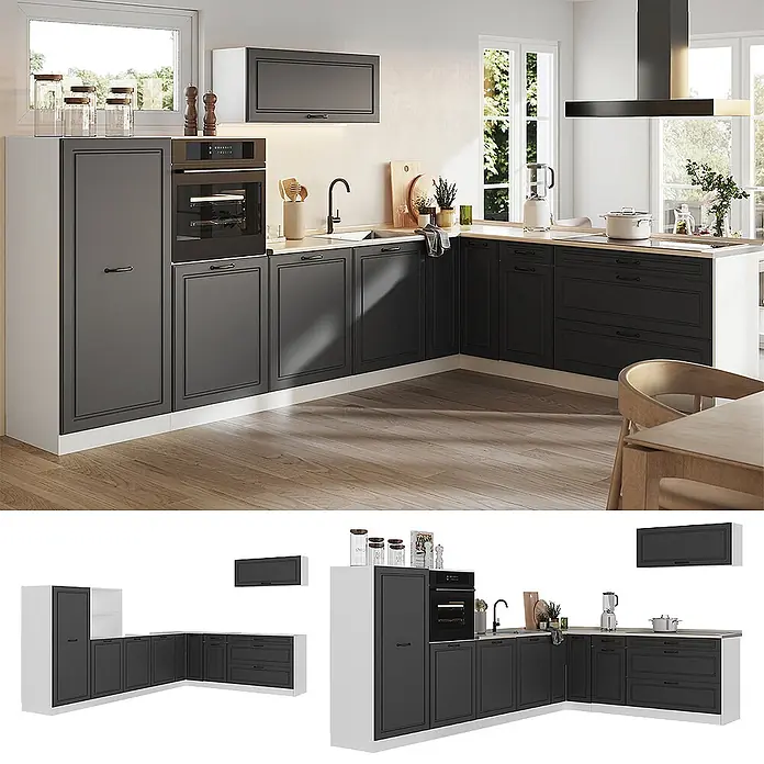 Eckküche R-Line 327 cm Anthrazit Landhaus Art.-Nr. 68249 -  - Dunkelgraue L-förmige Küche mit Holzoptik-Arbeitsplatte, integriertem Backofen und Spüle in modernem Ambiente.