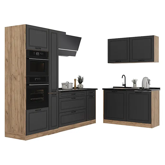 Eckküche R-Line 230 cm Anthrazit Landhaus Art.-Nr. 68175 -  - Moderne modulare Küche mit dunkelgrauen Schränken, Holzverkleidung, schwarzen Arbeitsplatten, integrierten Geräten und separater Spüleinheit.