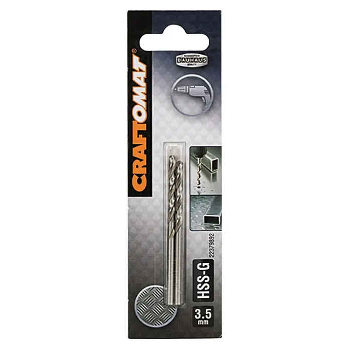 Craftomat Metallbohrer - 2 Stk., Durchmesser Bohrer: 3,5 mm, Arbeitslänge: 39 mm - Abbildung einer Craftomat HSS-G Metallbohrer-Packung, Durchmesser 3,5 mm, ideal für präzise Bohrarbeiten in Metall.