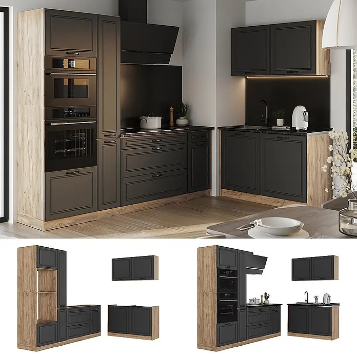 Eckküche R-Line 230 cm Anthrazit Landhaus Art.-Nr. 68175 -  - Moderne Modulküche in Dunkelgrau und heller Eiche, mit integrierten Geräten und minimalistischem Design.