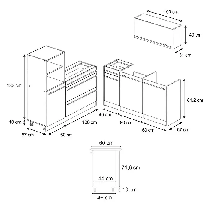 Küchenzeile R-Line 160 cm Beton Art.-Nr. 66901 -  - Modulare Küchenschränke mit detaillierten Maßen für verschiedene Einheiten.