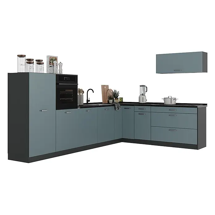 Eckküche R-Line 327 cm Blau-Grau Art.-Nr. 67555 -  - L-förmige Küchenzeile mit dunkelgrauem Korpus und blaugrauen Fronten, inklusive Backofen, Spüle und Hängeschrank.