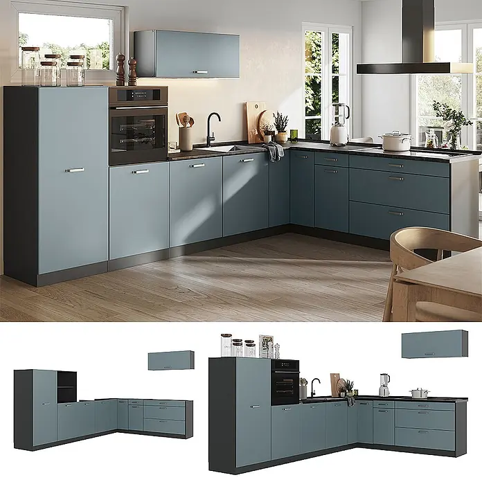 Eckküche R-Line 327 cm Blau-Grau Art.-Nr. 67555 -  - Eine L-förmige Küche mit blaugrauen Schränken, dunklen Arbeitsplatten und integrierten Geräten wie Backofen und Spüle in einem hellen Raum.