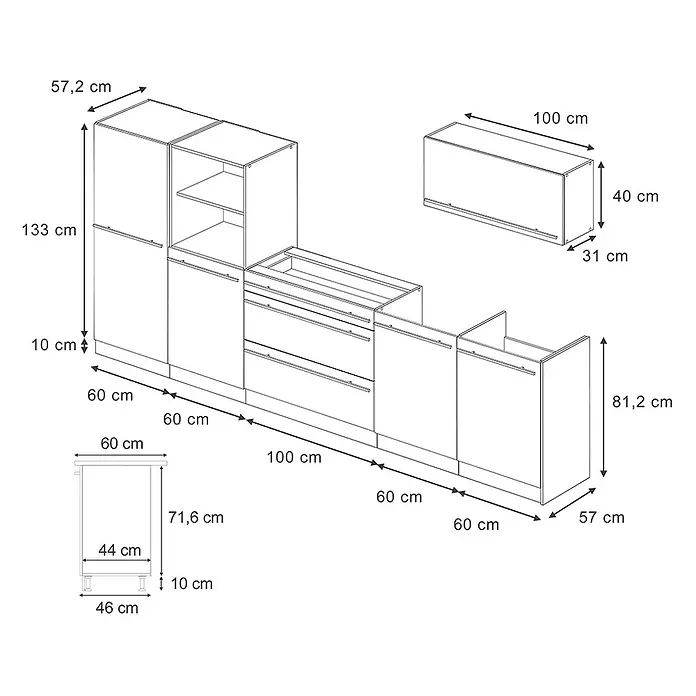 Küchenzeile R-Line 340 cm Anthrazit Hochglanz Art.-Nr. 66509 -  - Modulare weiße Küchenschränke mit Unter- und Oberschränken, detaillierte Abmessungen für die Montage.