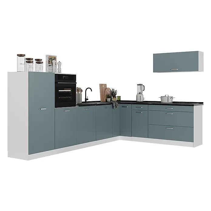 Eckküche R-Line 327 cm Blau-Grau Art.-Nr. 67584 -  - Eine L-förmige modulare Küchenzeile mit blau-grauen Schränken, weißen Seitenwänden und Sockeln sowie einer schwarzen Arbeitsplatte. Mit integriertem Ofen und Spüle.