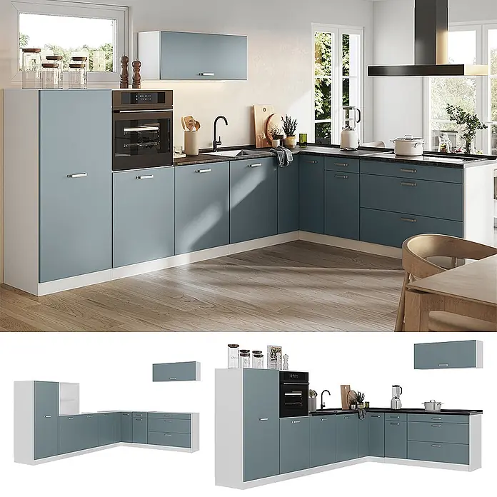 Eckküche R-Line 327 cm Blau-Grau Art.-Nr. 67584 -  - L-förmige Küche mit blau/grauen Fronten, weißen Rahmen, dunkler Arbeitsplatte, integriertem Ofen und Spüle in modernem Zuhause.