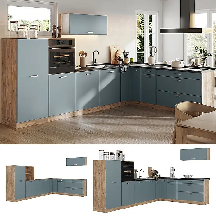 Eckküche R-Line 327 cm Blau-Grau Art.-Nr. 67565 -  - L-förmige Küche mit hellblauen Schränken, Holzoptik-Akzenten, dunkler Arbeitsplatte, integrierten Geräten in hellem Raum.