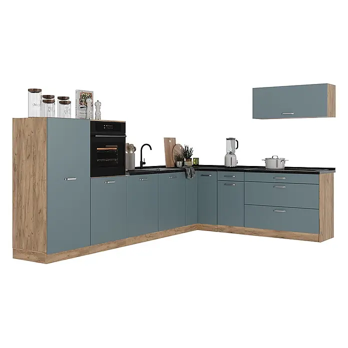 Eckküche R-Line 327 cm Blau-Grau Art.-Nr. 67565 -  - L-förmige Einbauküche in Petrolblau mit Holzakzenten, schwarzer Arbeitsplatte, integriertem Backofen, Spüle und Kochfeld, plus Hängeschrank.