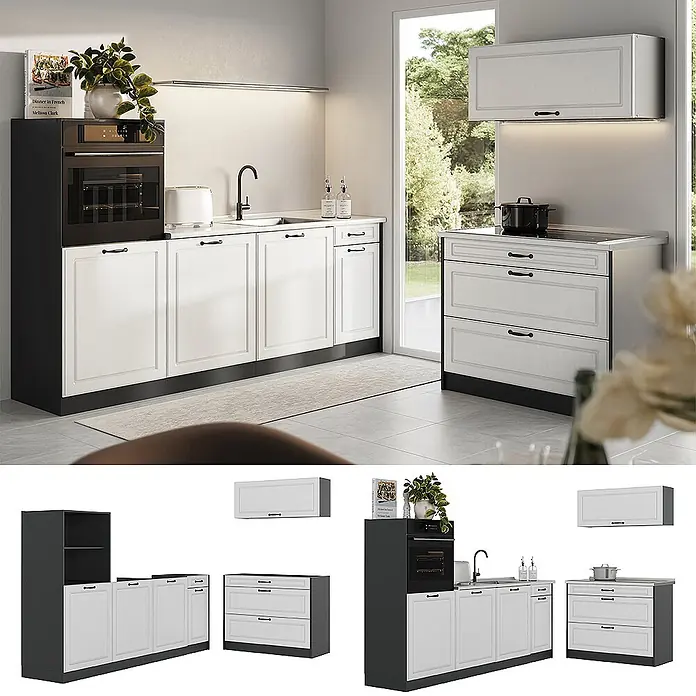 Küchenzeile R-Line 220 cm Weiß Landhaus Art.-Nr. 68118 -  - Eine moderne modulare Küche in Schwarz-Weiß mit integriertem Backofen, Spüle und Kochfeld, klassischen Schranktüren und Schubladen.