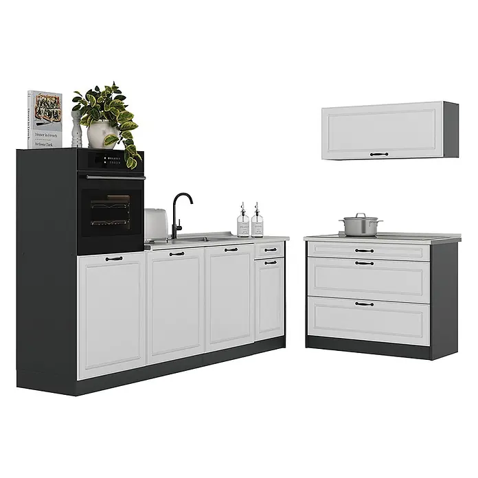 Küchenzeile R-Line 220 cm Weiß Landhaus Art.-Nr. 68118 -  - Modulare dunkelgrau-weiße Küchenzeile mit Backofen, Spüle, separatem Kochfeld und Oberschrank zum Kochen und Lagern.