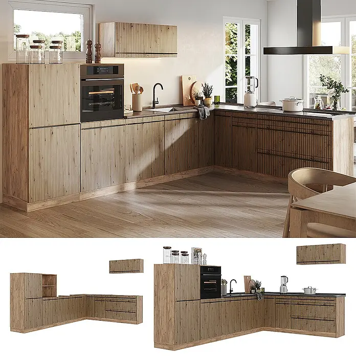 Eckküche R-Line 327 cm Artisan-Eiche Art.-Nr. 67557 -  - Moderne L-förmige Küche mit hellen gerippten Holzfronten, dunklen Arbeitsplatten und integriertem Backofen und Spüle in einer zeitgenössischen Wohnumgebung.