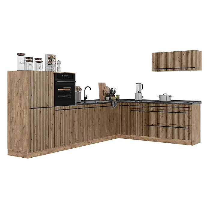 Eckküche R-Line 327 cm Artisan-Eiche Art.-Nr. 67557 -  - Eckküchenzeile mit hellen Holzlamellenfronten, dunklen Arbeitsplatten und integriertem Backofen und Spüle.