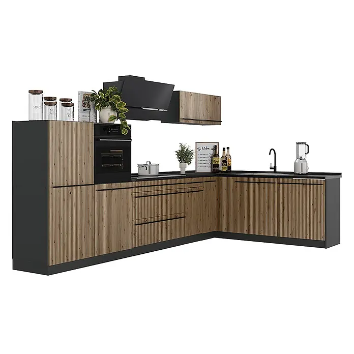 Eckküche R-Line 347 cm Beton Art.-Nr. 67593 -  - L-förmige Küchenzeile mit dunkelgrauen Unterschränken und holzlamellierten Türen, integriertem Backofen, Spüle und Dunstabzugshaube.