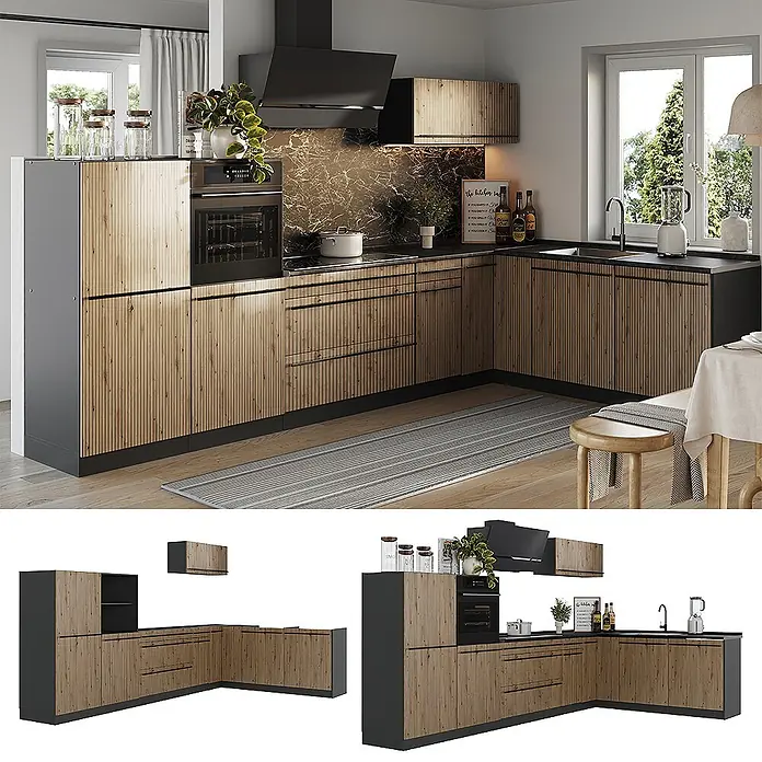 Eckküche R-Line 347 cm Beton Art.-Nr. 67593 -  - L-förmige Küchenzeile mit geriffelten hellen Holzfronten und dunkelgrauen Elementen, inklusive integriertem Backofen, Kochfeld, Spüle und Dunstabzugshaube.