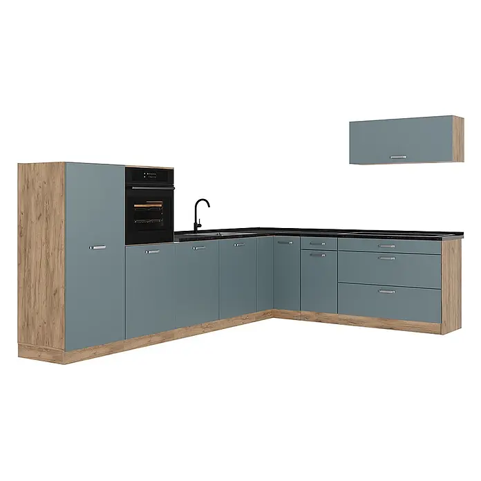 Eckküche R-Line 327 cm Blau-Grau Art.-Nr. 67565 -  - Moderne Eckküche mit graublauen Fronten, hellen Holzakzenten, schwarzer Arbeitsplatte, integriertem Backofen, Spüle und Kochfeld.