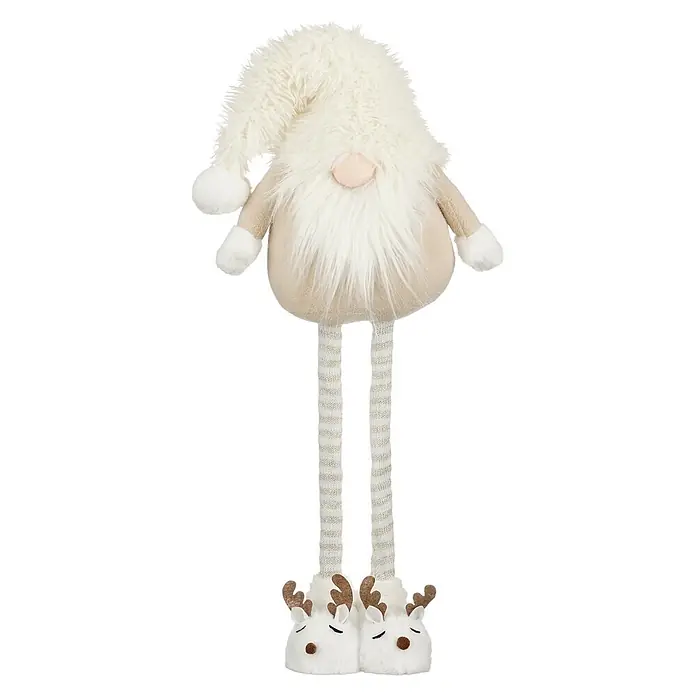 Gnomo de navidad de pie extensible - L x An x Al: 30 x 15 x 45 cm, Poliéster, Crema - Una figura de gnomo suave blanca y beige con piernas largas a rayas, que lleva zapatillas de reno blancas con astas y narices marrones.