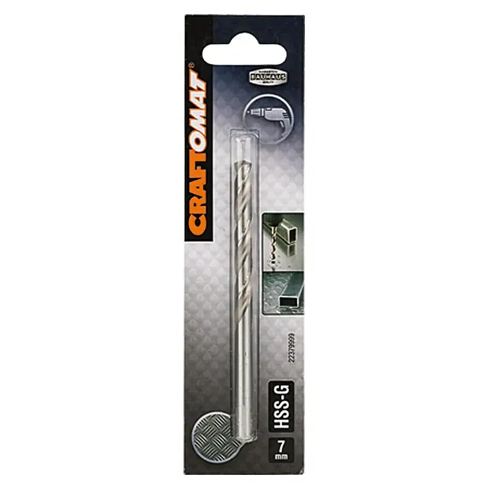 Craftomat Metallbohrer - Durchmesser Bohrer: 7 mm, Arbeitslänge: 69 mm - Verpackung eines 7 mm Craftomat HSS-G Metallbohrers, geeignet für Bohrmaschinen, zur Verwendung auf Metalloberflächen.