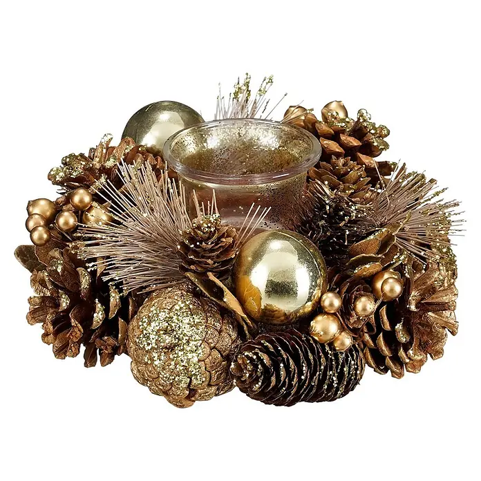 Centro de mesa Eton con portavela - Diámetro: 19 cm, Marrón/Dorado - Centro de mesa navideño dorado con piñas brillantes, bolas doradas y portavelas de cristal.