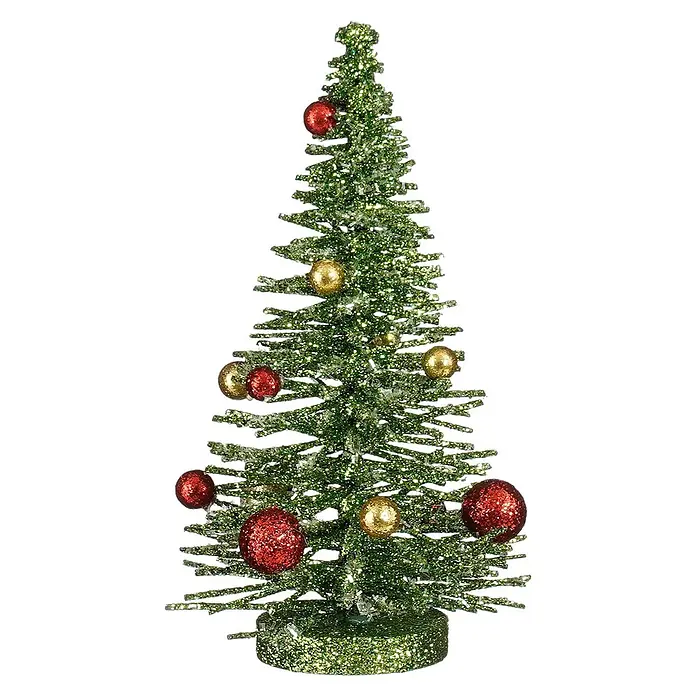 Figura decorativa navideña Árbol mini con bolas - 14 x 14 x 25 cm, Plástico, Verde - Un pequeño árbol de Navidad verde con purpurina, decorado con adornos de purpurina rojos y dorados.