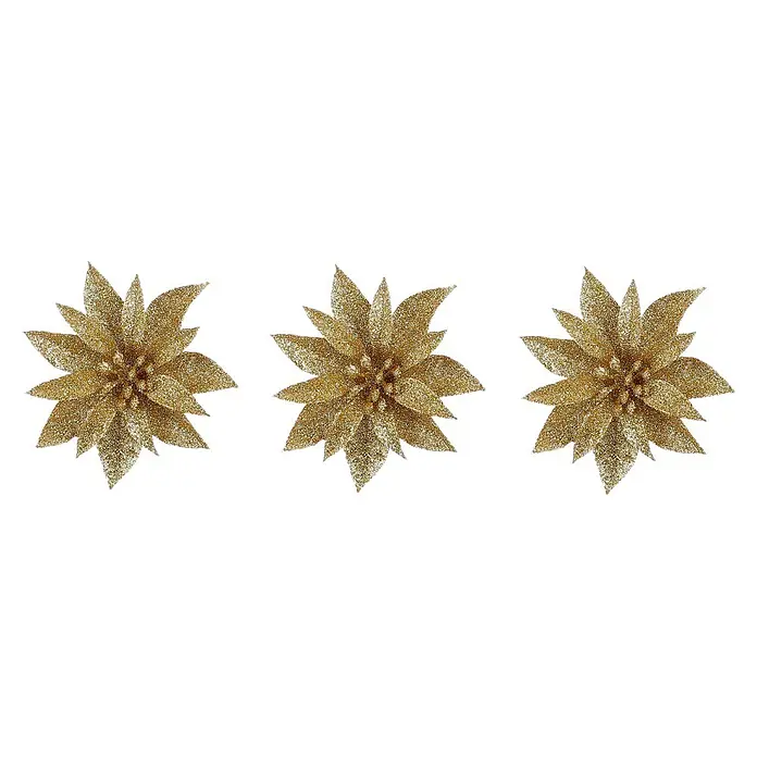 Adornos del árbol de Navidad Poinsetia con clip - Dorado, Plástico, 3 ud., Diámetro: 10 cm - Tres flores de pascua doradas con purpurina para decoración festiva.