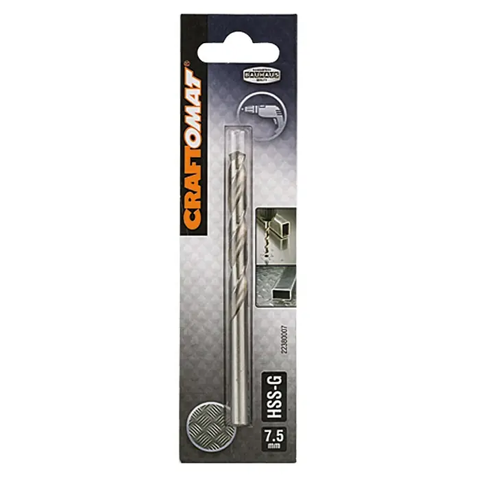 Craftomat Metallbohrer - Durchmesser Bohrer: 7,5 mm, Arbeitslänge: 69 mm - Ein Craftomat HSS-G Metallbohrer mit einem Durchmesser von 7,5 mm in einer Blisterverpackung.