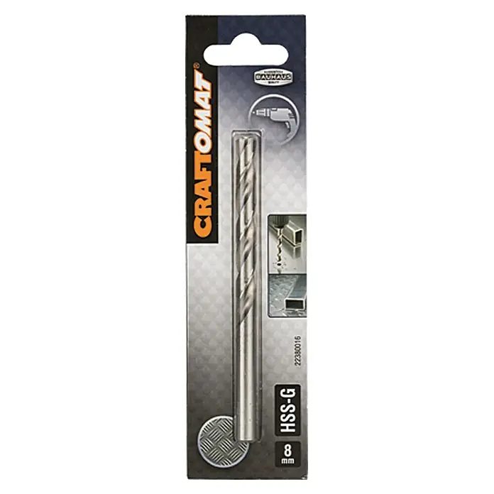 Craftomat Metallbohrer - Durchmesser Bohrer: 8 mm, Arbeitslänge: 75 mm - Craftomat HSS-G Metallbohrer, 8 mm Durchmesser, ideal für präzise Bohrungen in Metall, verpackt in Blisterverpackung für einfache Lagerung.