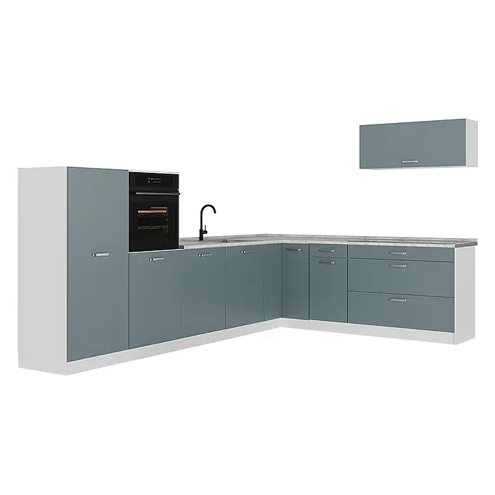 Eckküche R-Line 327 cm Blau-Grau Art.-Nr. 67583 -  - L-förmige Küche in Graublau mit weißen Seiten, heller Arbeitsplatte, integriertem Backofen, Spüle und Hängeschrank.