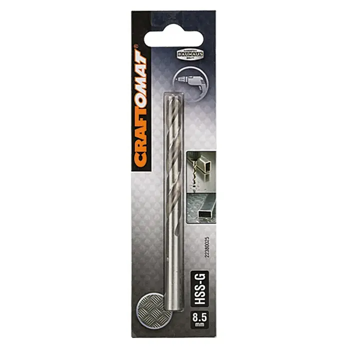 Craftomat Metallbohrer - Durchmesser Bohrer: 8,5 mm, Arbeitslänge: 75 mm - Abbildung einer Craftomat HSS-G Metallbohrer-Verpackung, 8,5 mm, geeignet für Metallbearbeitung und Heimwerkerprojekte.