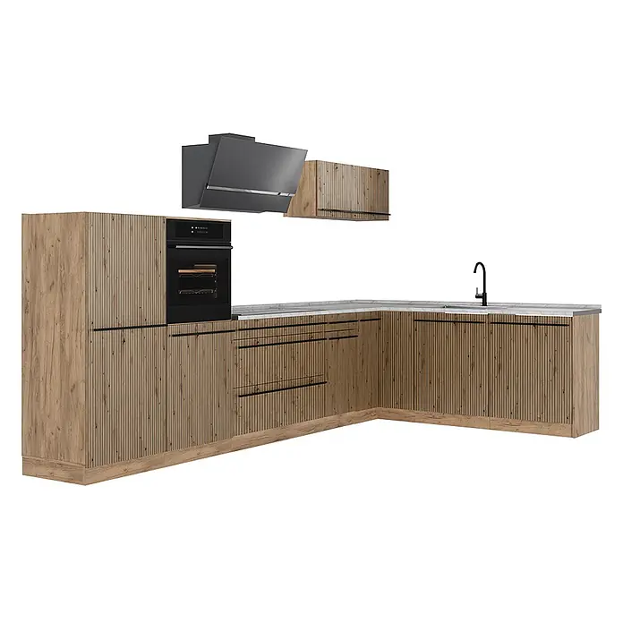 Eckküche R-Line 347 cm Artisan-Eiche Art.-Nr. 67603 -  - L-förmige Küche mit hellen Holzfronten, gerippten Schränken, integriertem Backofen, Dunstabzugshaube und Spüle.