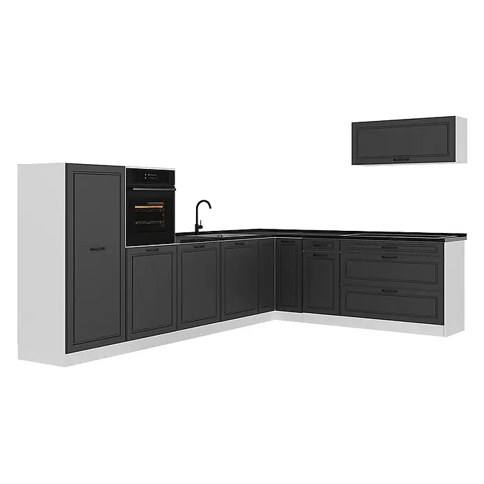 Eckküche R-Line 327 cm Anthrazit Landhaus Art.-Nr. 68246 -  - L-förmige dunkelgraue Küchenzeile mit weißen Seiten, integriertem Ofen, Spüle und Kochfeld, mit Shaker-Türen und Schubladen.