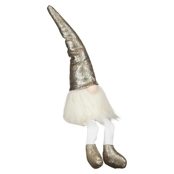 Gnomo de navidad - L x An x Al: 9 x 9 x 40 cm, Poliéster, Dorado - Gnomo navideño dorado brillante con barba blanca y botas.