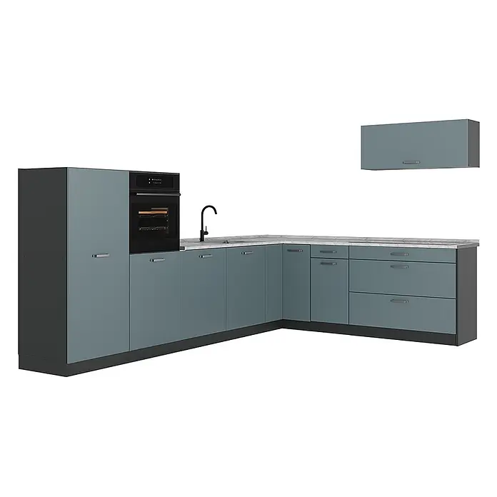 Eckküche R-Line 327 cm Blau-Grau Art.-Nr. 67555 -  - Eckküchenzeile in Blau-Grau mit integriertem Backofen, schwarzer Spüle, hellgrauer Arbeitsplatte und Wandschrank.