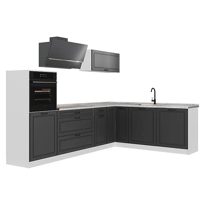 Eckküche R-Line 287 cm Anthrazit Landhaus Art.-Nr. 68212 -  - Moderne L-förmige Küchenzeile mit dunkelgrauen Paneel-Schränken, weißer Arbeitsplatte, integriertem Backofen, dunkelgrauer Dunstabzugshaube und schwarzer Armatur.