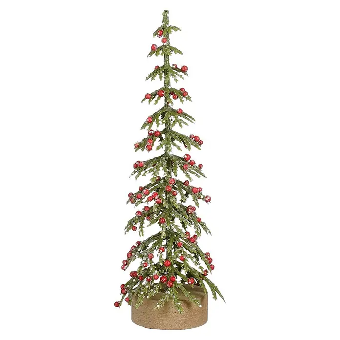 Figura decorativa navideña Árbol escarchado - 6 x 6 x 16 cm, Metal, Verde - Pequeño árbol de Navidad artificial verde con bayas rojas y escarcha blanca sobre una base marrón, para decoración festiva.