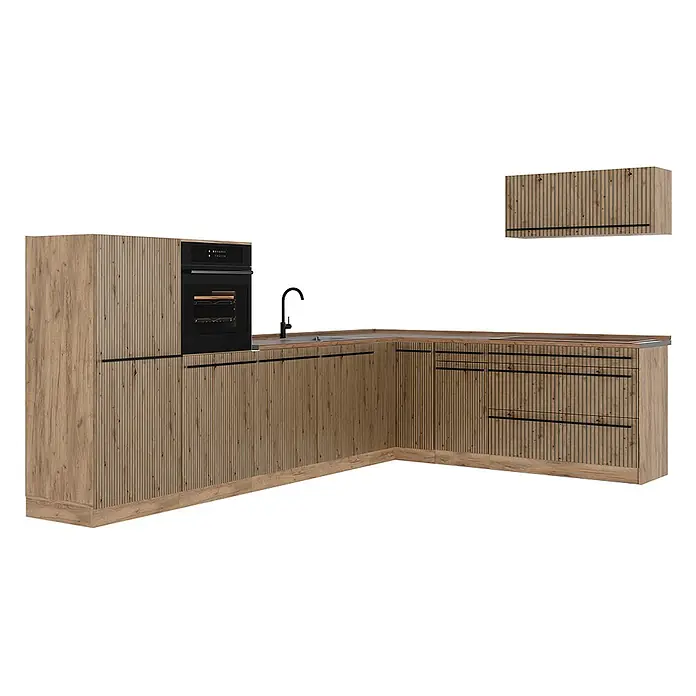 Eckküche R-Line 327 cm Artisan-Eiche Art.-Nr. 67558 -  - L-förmige Küchenzeile aus hellem geripptem Holz mit schwarzen Griffen, integriertem Backofen, Spüle und Kochfeld. Inklusive passendem Oberschrank.
