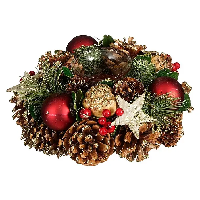 Centro de mesa Roslyn con portavela - Diámetro: 19 cm, Marrón/Rojo - Centro de mesa navideño festivo con piñas brillantes, bolas rojas, follaje verde, bayas y una estrella, con portavelas de cristal.