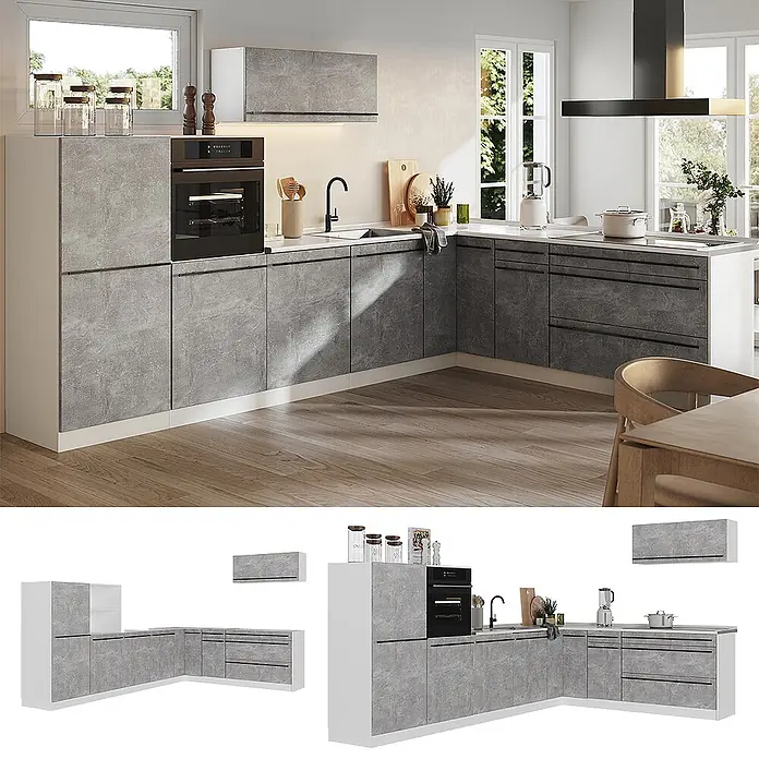 Eckküche R-Line 327 cm Beton Art.-Nr. 67577 -  - Moderne L-förmige Küche mit grauen Betonoptik-Fronten und weißen Seitenwänden, ausgestattet mit integriertem Backofen, Spüle und Stauraum, in hellem Raum.