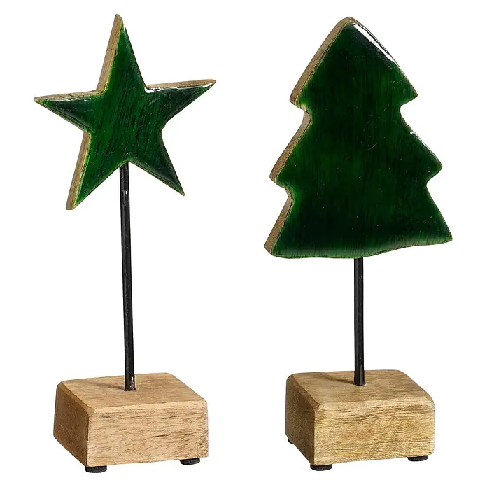 Figura decorativa navideña Estrella/Árbol - 7,5 x 5 x 18 cm, Madera, Verde - Dos decoraciones navideñas de madera verde: una estrella y un árbol de Navidad, cada una sobre una base de madera clara con un soporte metálico negro.