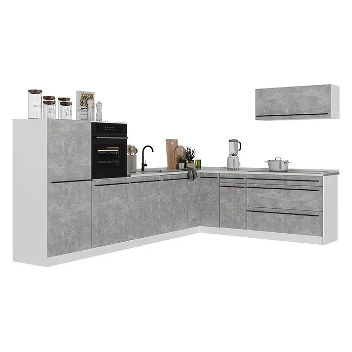 Eckküche R-Line 327 cm Beton Art.-Nr. 67577 -  - L-förmige modulare Küche mit Betonoptik-Fronten und weißem Korpus, mit integriertem Backofen, Spüle und Schränken.