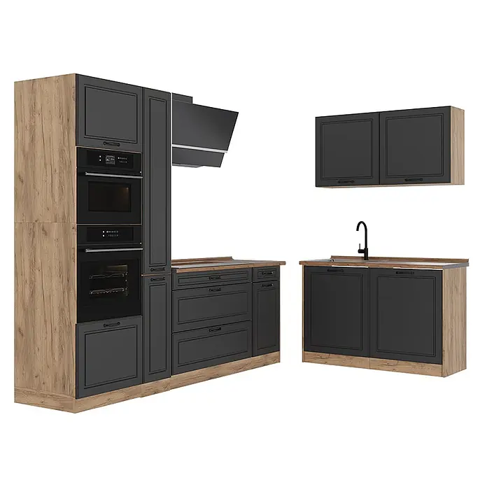 Eckküche R-Line 230 cm Anthrazit Landhaus Art.-Nr. 68175 -  - Moderne Küchenzeile mit dunkelgrauen Schränken, Holzdekorakzenten, Einbaugeräten, Spüle und Wandschränken.