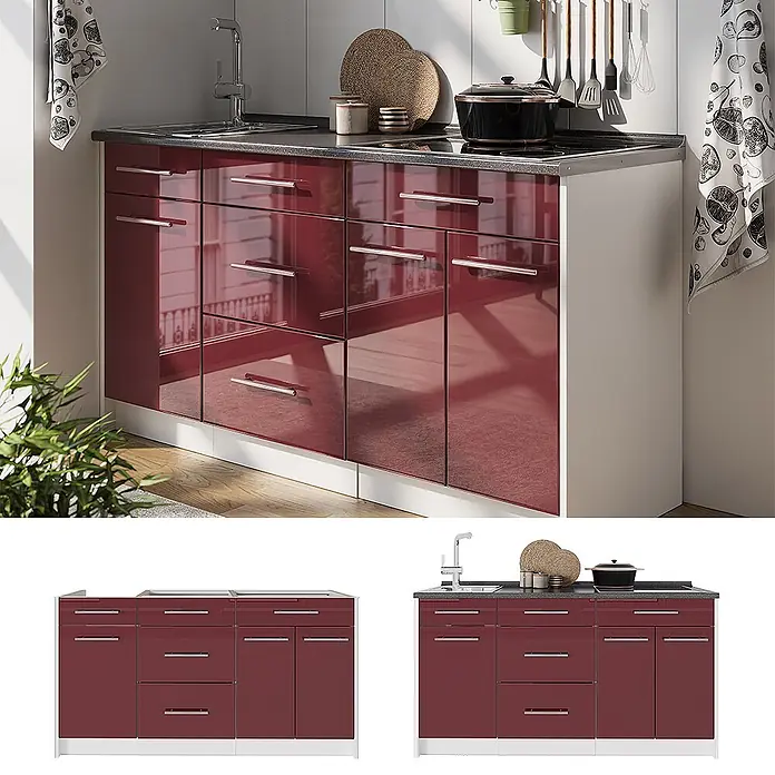 Küchenblock Fame-Line 150 cm Bordeaux Hochglanz Art.-Nr. 70429 -  - Dunkelrote, hochglänzende Küchenzeile mit Spüle und Kochfeld, bietet Schubladen und Schränke.