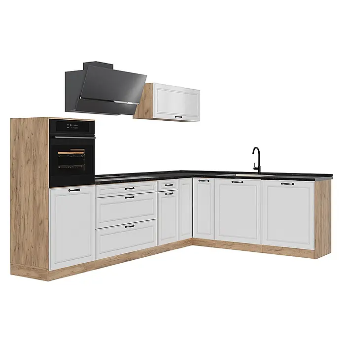 Eckküche R-Line 287 cm Weiß Landhaus Art.-Nr. 68157 -  - Weiße Eckküche mit Holzoptik-Akzenten, schwarzer Arbeitsplatte, Einbauofen und dunkelgrauer Dunstabzugshaube.