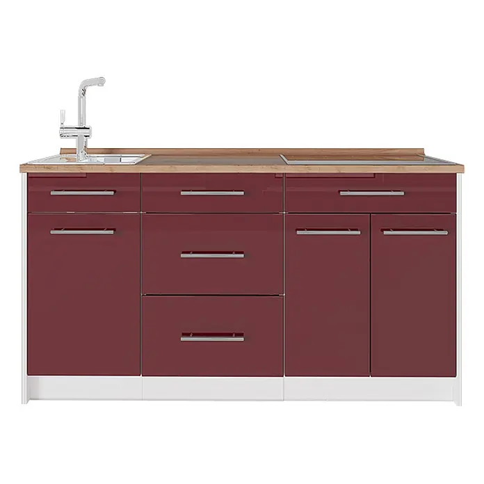 Küchenblock Fame-Line 150 cm Bordeaux Hochglanz Art.-Nr. 70427 -  - Glänzende, bordeauxrote Küchenzeile mit holzfarbener Arbeitsplatte, integrierter Spüle, Wasserhahn, Kochfeld und Chromgriffen.