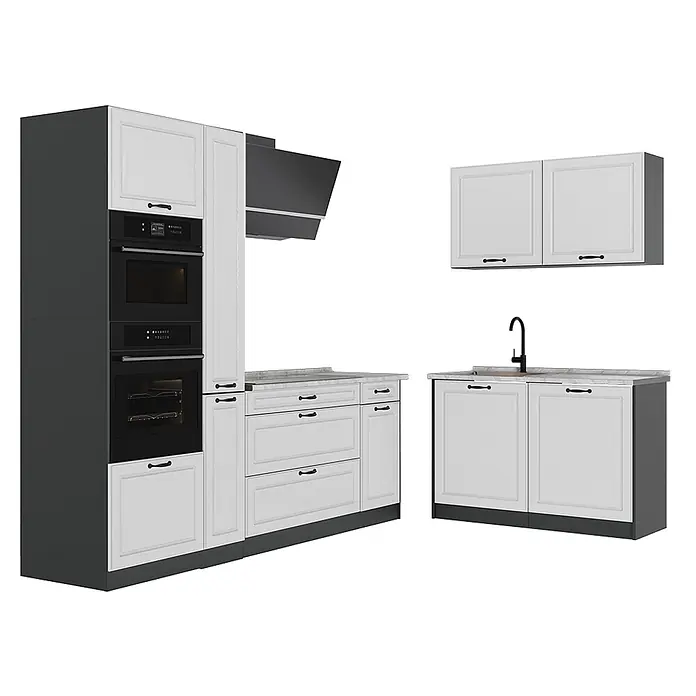 Eckküche R-Line 230 cm Weiß Landhaus Art.-Nr. 68168 -  - Modernes Küchenschrank-Set: weiße Fronten, dunkelgraue Rahmen, schwarze Griffe. Mit Hochschrank, Unter- und Wandschränken, Spüle, Dunstabzugshaube.