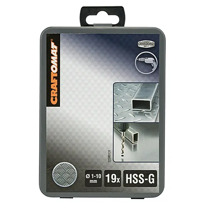 Craftomat Bohrer-Set - Durchmesser Bohrer: 9,5 mm - Produktverpackung für 19 HSS-G Metallbohrer von Craftomat, Größen von 1-10 mm, ideal zum Bohren in Metalloberflächen.