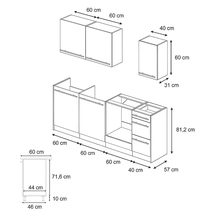 Küchenzeile R-Line 220 cm Anthrazit Landhaus Art.-Nr. 67874 -  - Detailliertes Maßdiagramm von modularen Küchenschränken (Ober-, Unter- und Hochschränke).