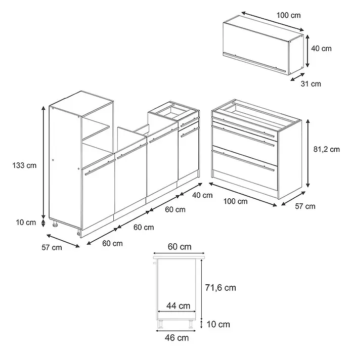 Küchenzeile R-Line 220 cm Beton Art.-Nr. 67417 -  - Modulare Küchenschränke mit detaillierten Maßen für Unter-, Ober- und Hochschränke.